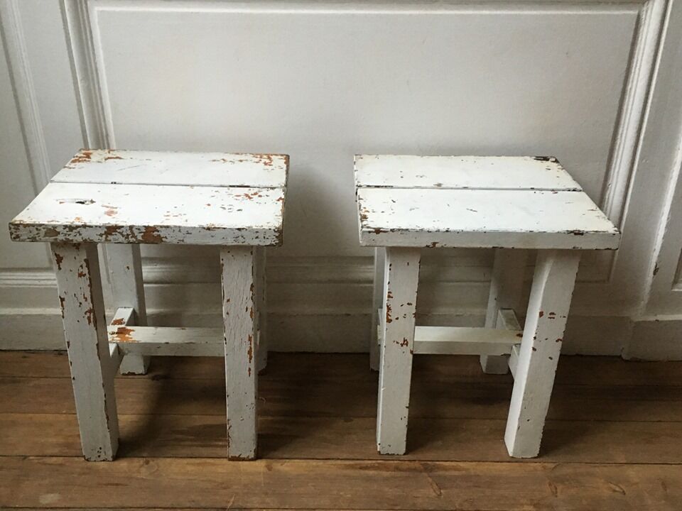 Stools, patinated wooden bedside tables