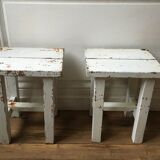 Stools, patinated wooden bedside tables