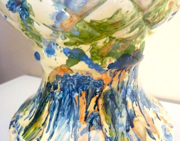 Pomme de pin, céramique, terre cuite émaillée, couleurs mêlées, vives,32cm