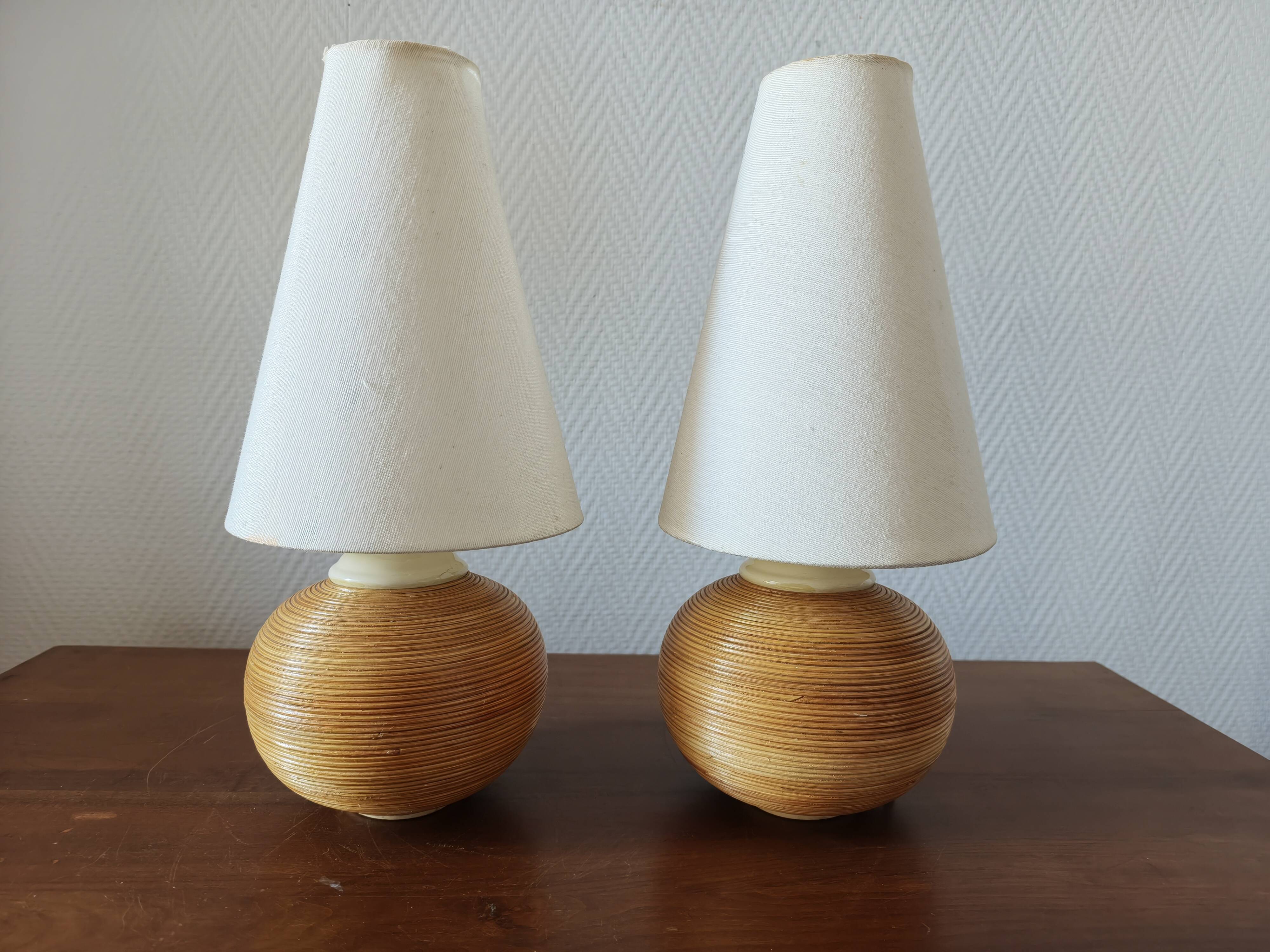 Pair of vintage lamps in rattan and ceramic