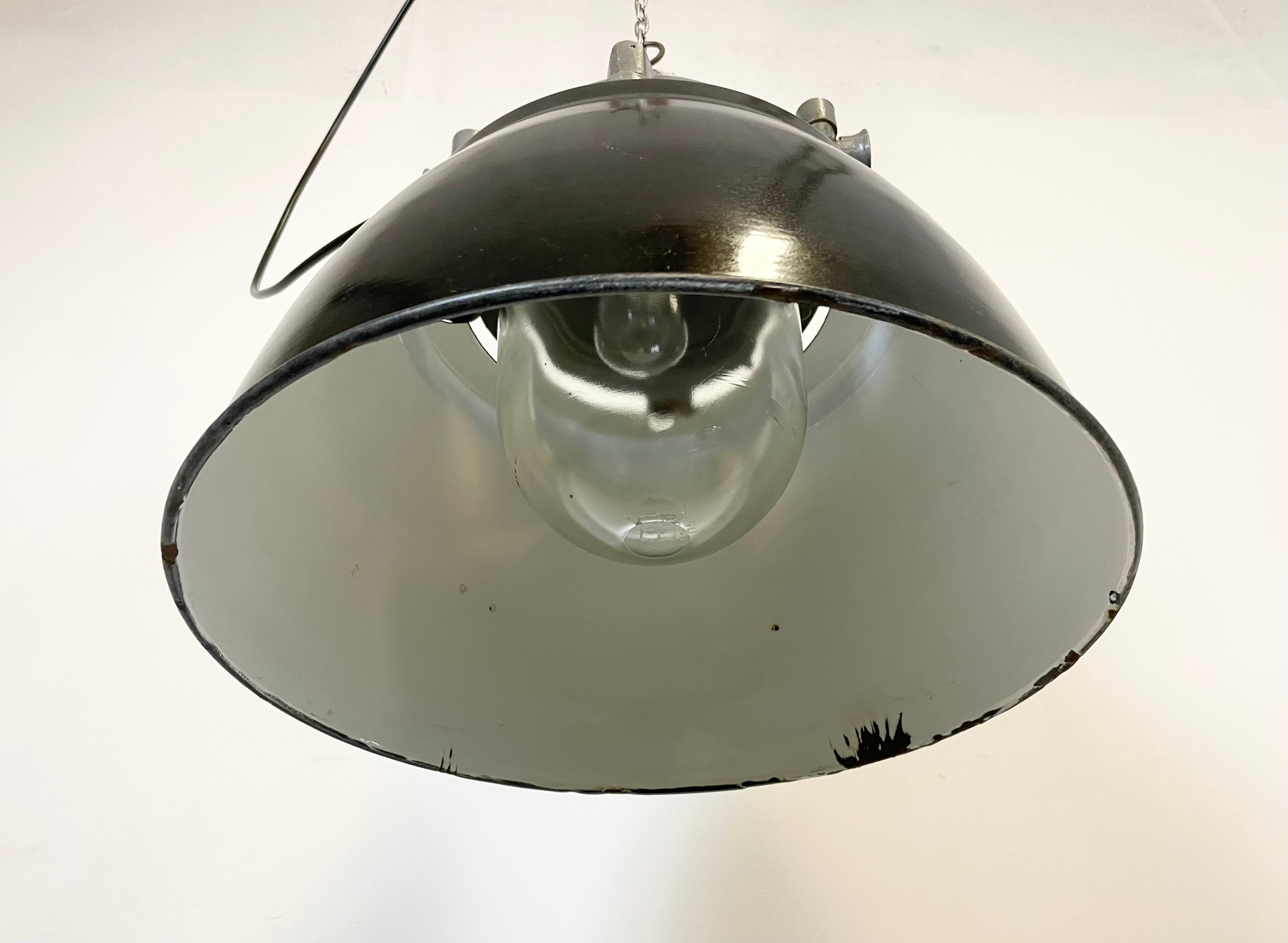 Dark grey explosion proof lamp with black enameled shade, 1970s