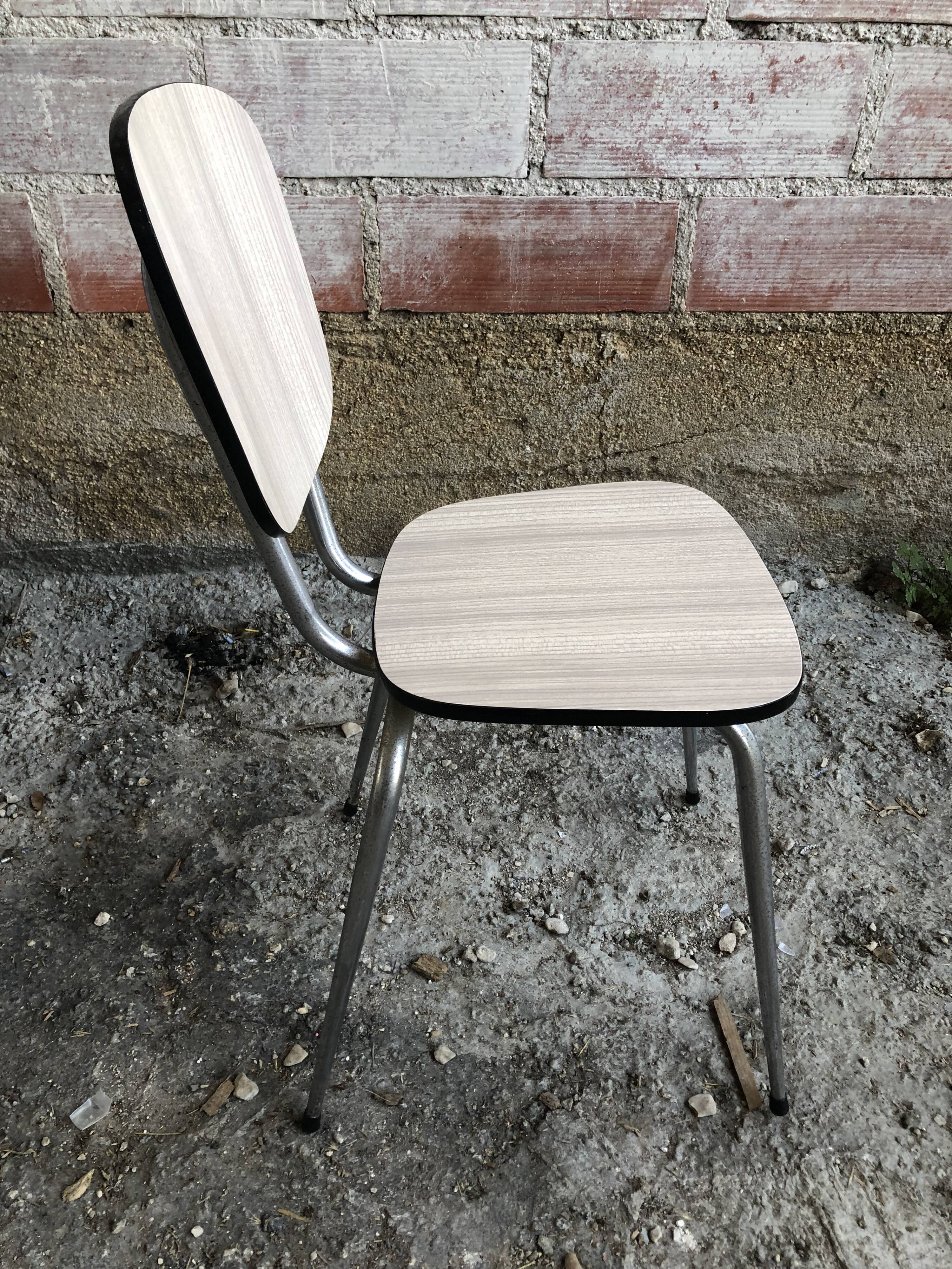 Series of 4 old formica chairs white grey + feet compass metal chrome 70's