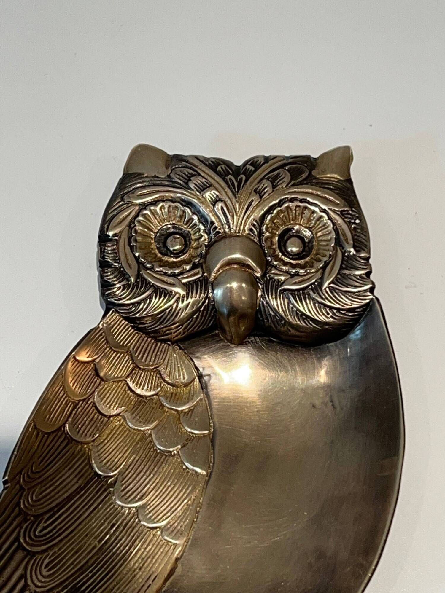 Brass Owl Catchall with Chiseled Feather Decoration. Italian Work in the
