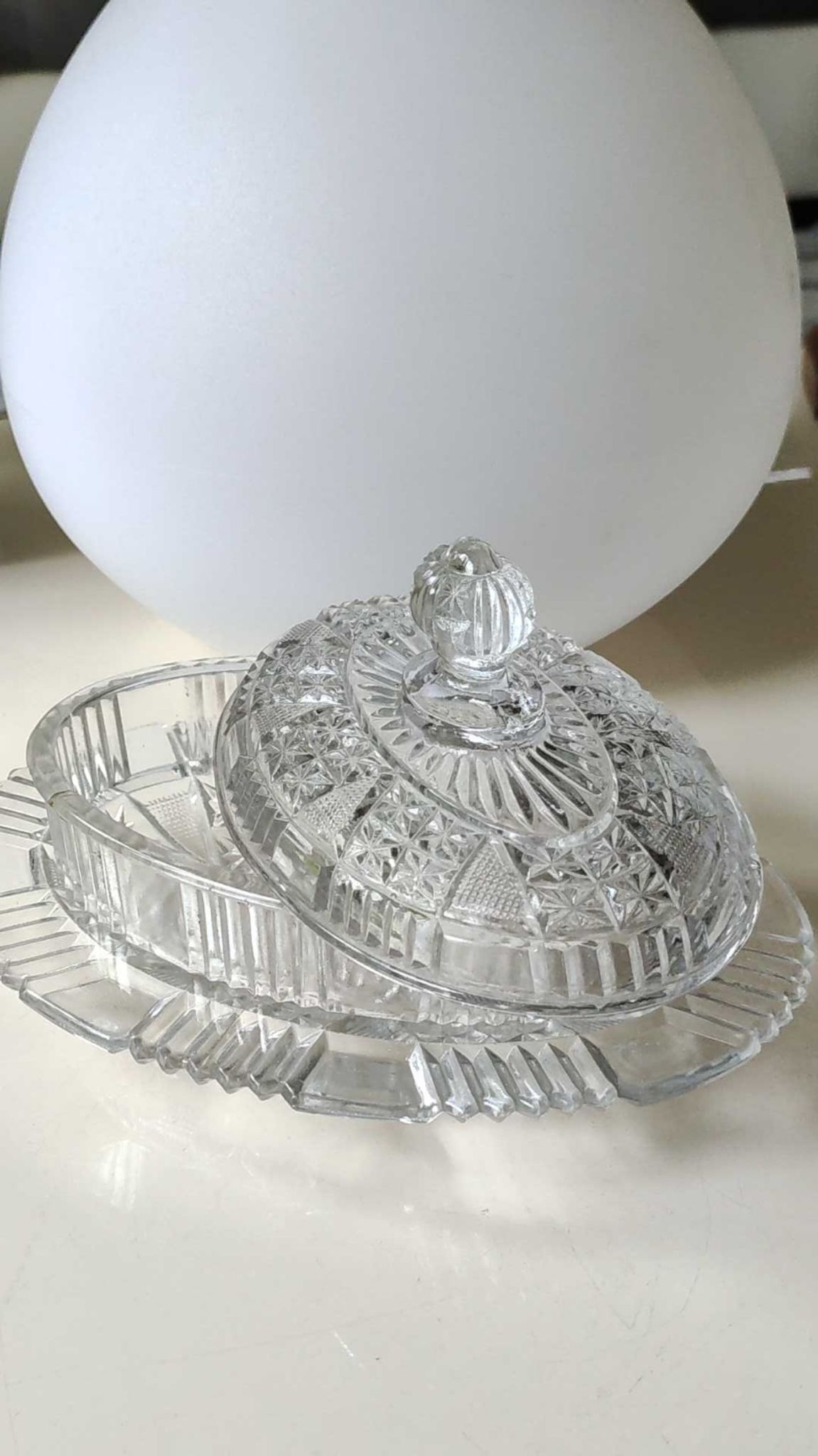 Old Art Deco butter dish, molded glass, Portieux style Star motifs, braces, diamonds