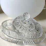 Old Art Deco butter dish, molded glass, Portieux style Star motifs, braces, diamonds