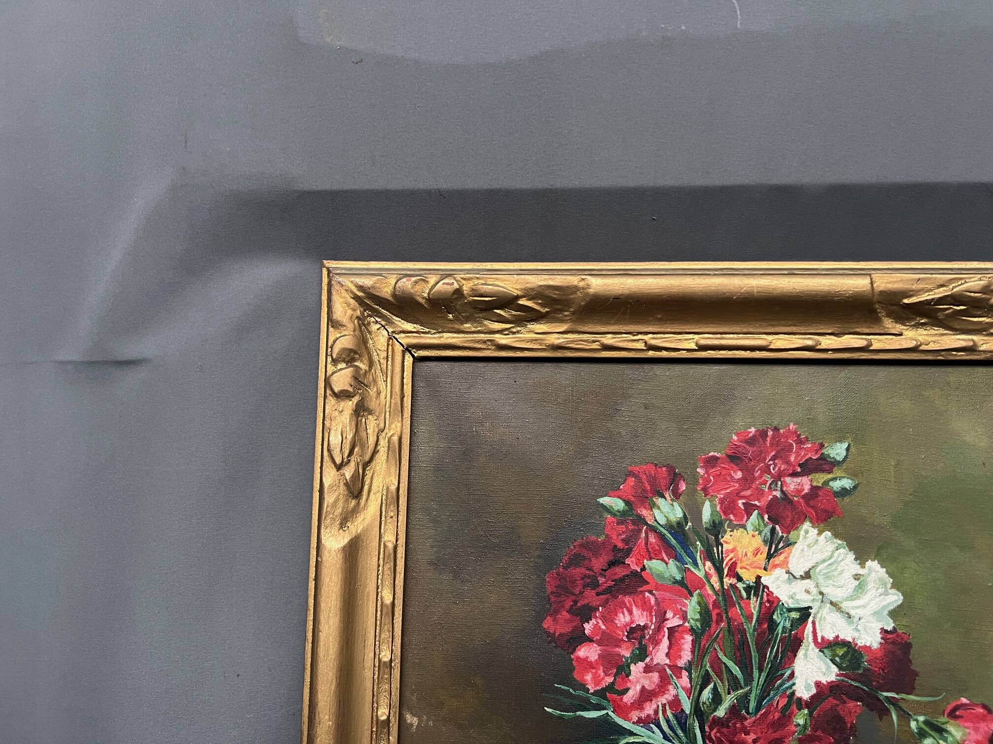 Old painting “Still life with flowers and fruit”.