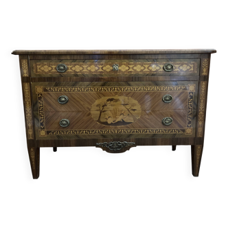Commode ancienne en marqueterie de style Louis XVI