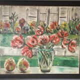 Old oil painting representing a still life