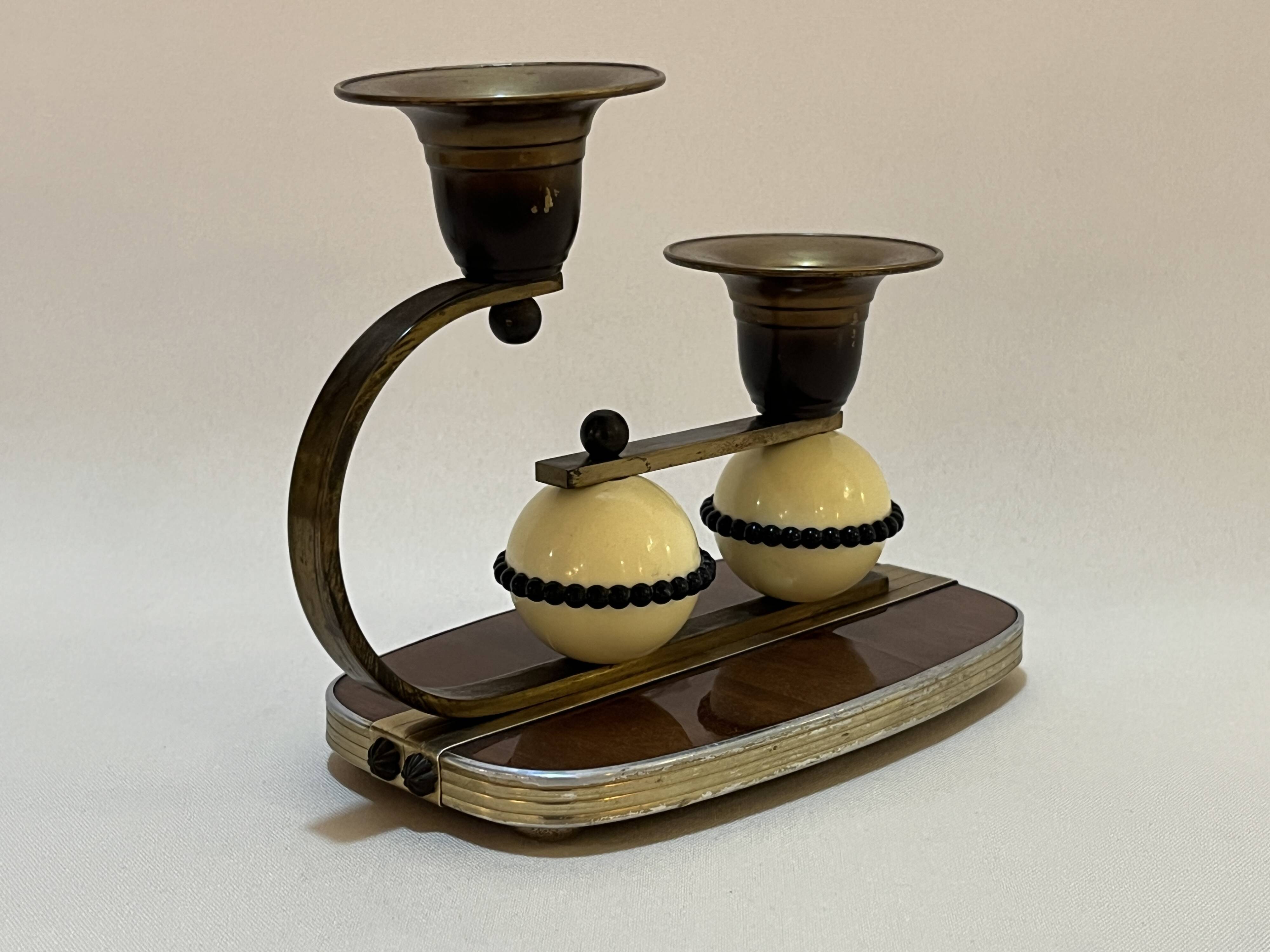 Ancien bougeoir Art Déco double laiton bois celluloïd 1930 vintage moderniste