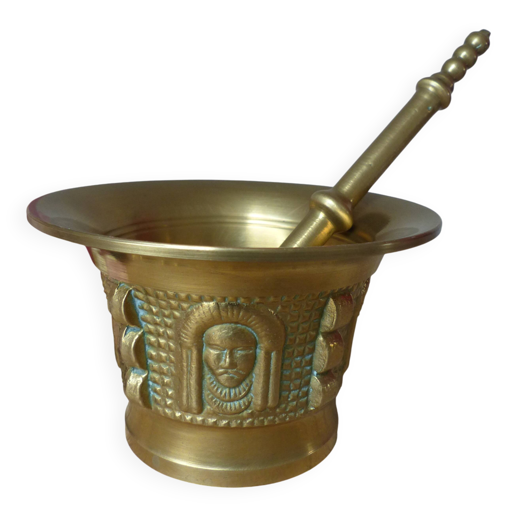 Mortar and Pestle in Solid Bronze – Face Decoration – Antique Style
