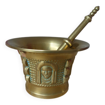 Mortar and Pestle in Solid Bronze – Face Decoration – Antique Style
