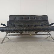 Canapé vintage en cuir noir et chrome, années 1970