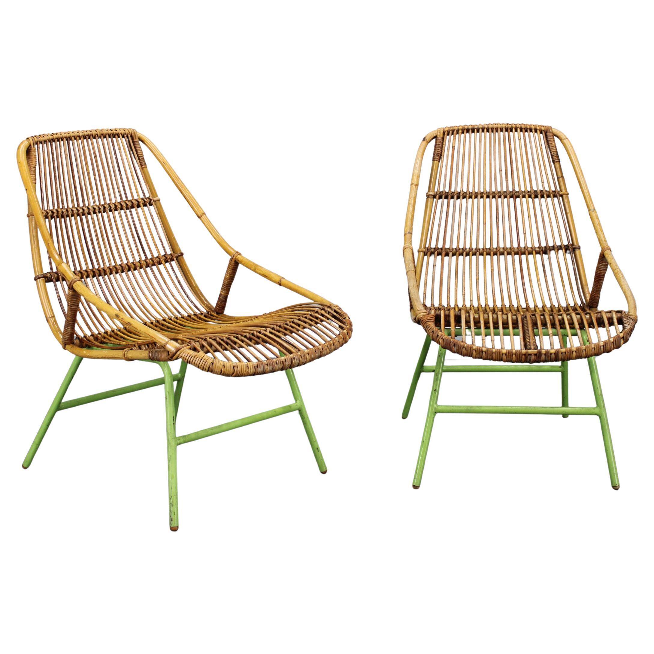 Rare pair of Alan Fuchs for ULUV rattan lounge chairs, Czechoslovakia, 1960s