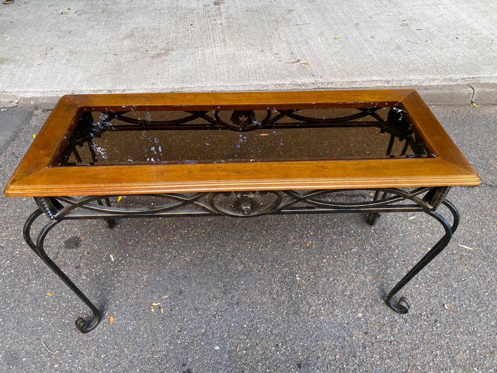 Neo-classical entrance console in wrought iron and solid oak H70 cm 1970