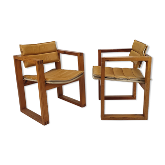 Set of 2 dutch design leather and pine armchairs by Ate van Apeldoorn, 1960s