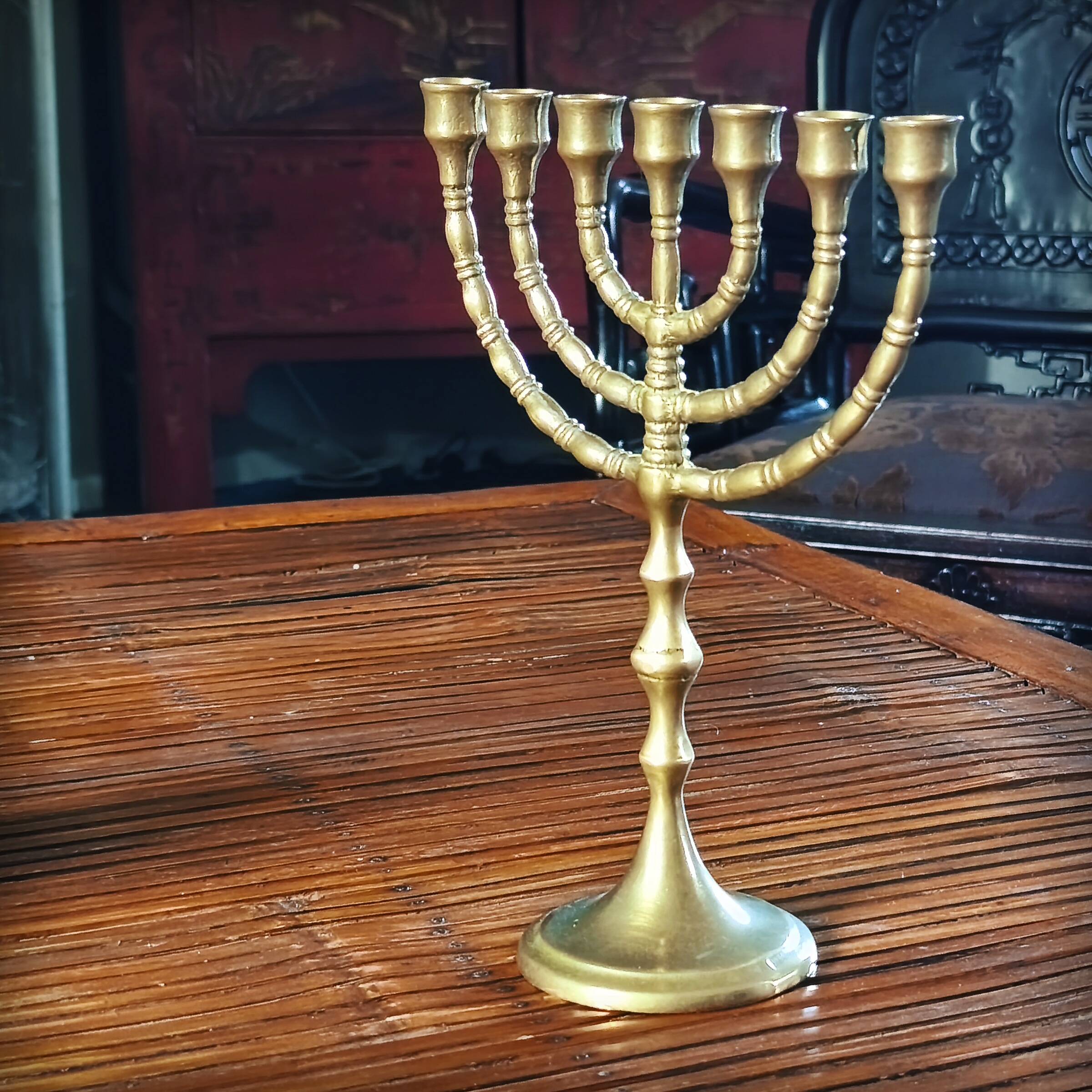 Bronze menorah, 7-branched chandelier, Israel, 1960s