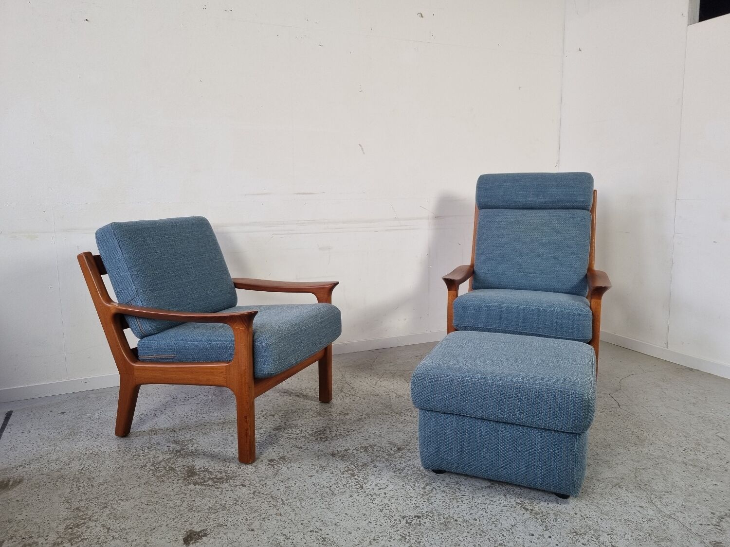 Pair of armchairs and Scandinavian teak ottoman by Juul Kristensen, Denmark 1970s
