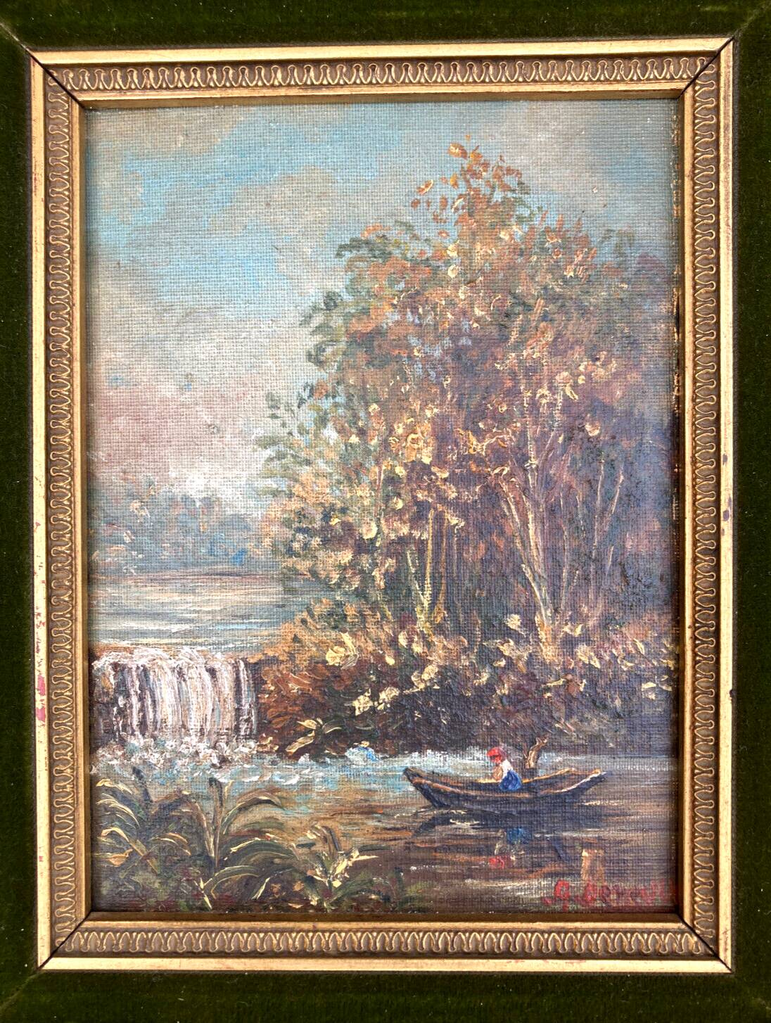Old painting - The young girl at the bottom of the waterfall - golden frame
