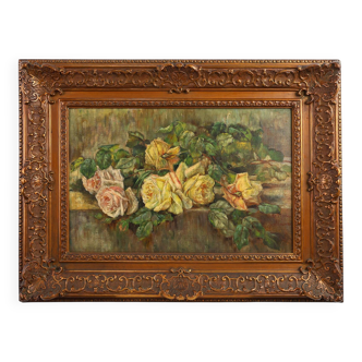 Romantic Floral Still Life Painting, Belgium ca. 1900