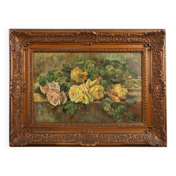 Peinture de nature morte florale romantique, Belgique vers 1900