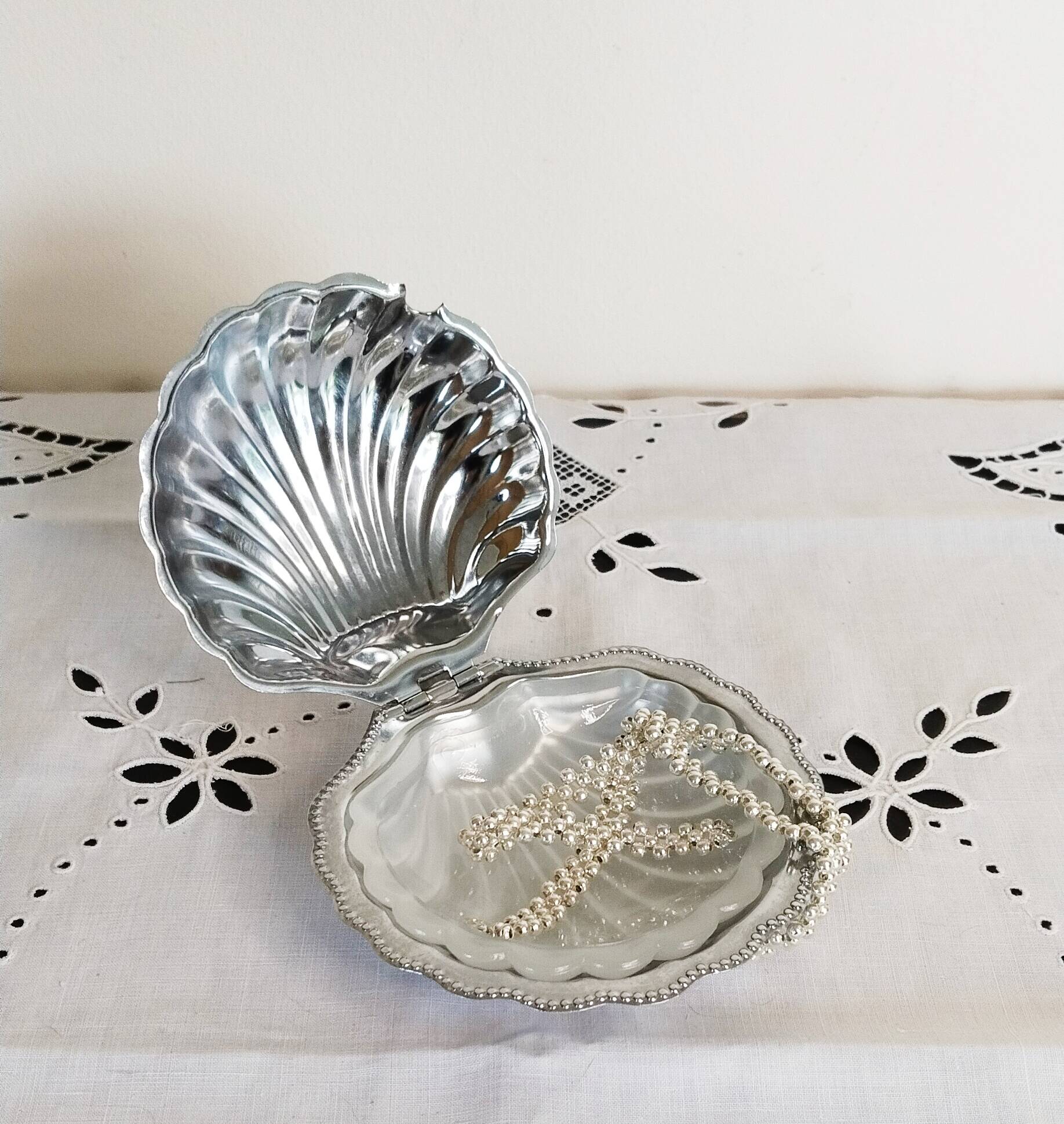 Scallop shell butter dish in metal and glass