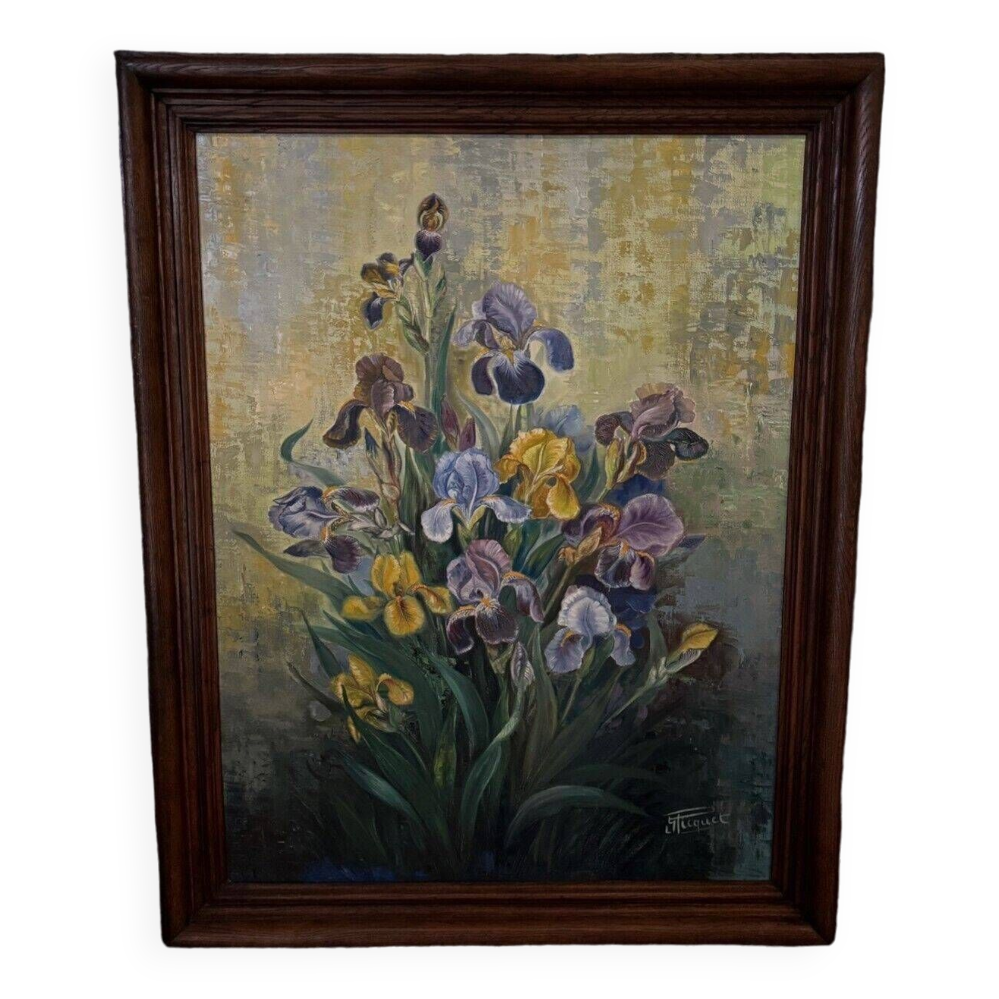 Huile sur toile par Picquet nature morte bouquet d'iris XXe