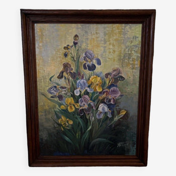 Huile sur toile par Picquet nature morte bouquet d'iris XXe