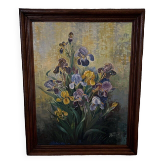 Huile sur toile par Picquet nature morte bouquet d'iris XXe