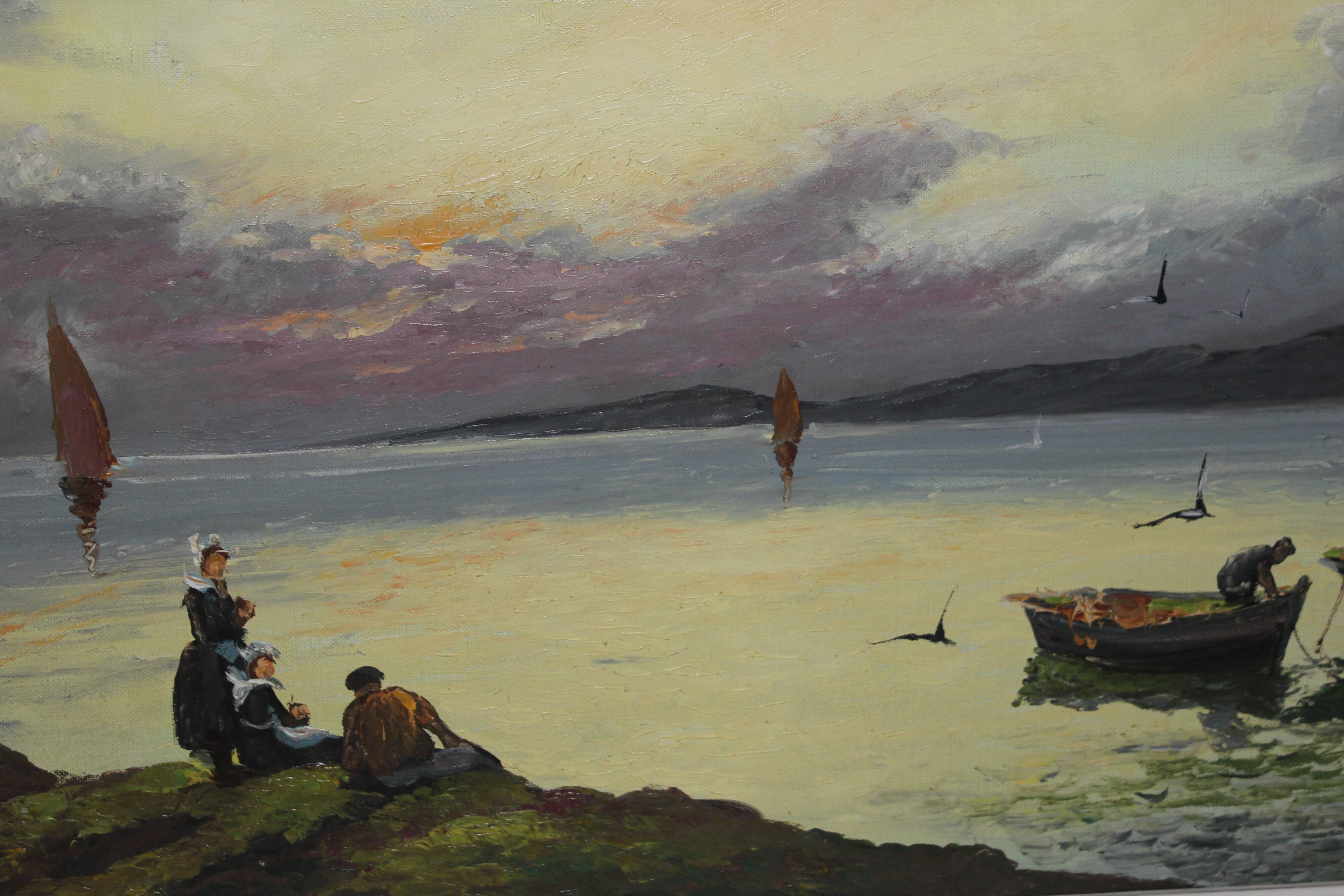 Peinture R. Lambert Retour de pêche en mer bretonne au Crépuscule