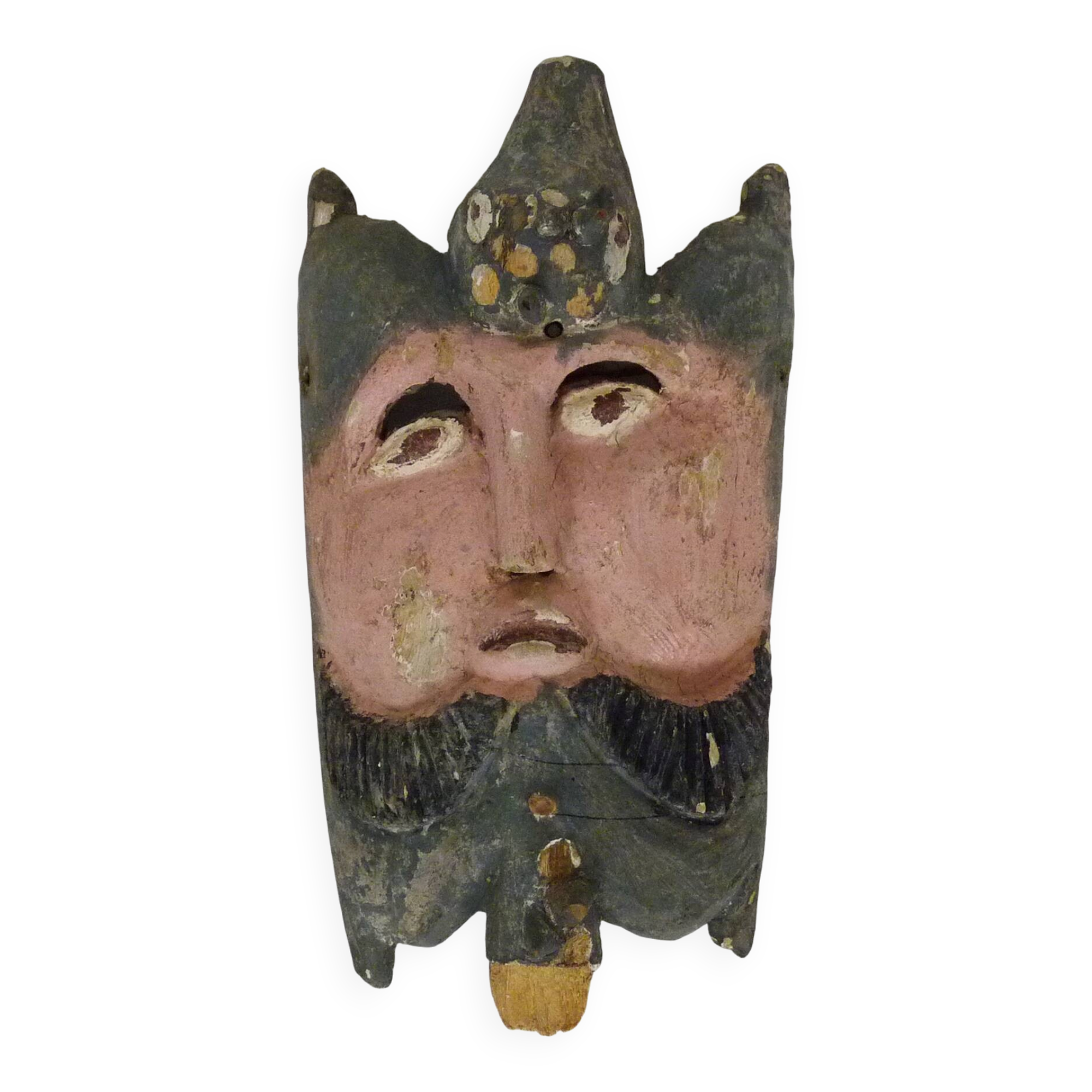 Ancien masque mexicain en bois sculpté polychrome. Années 50
