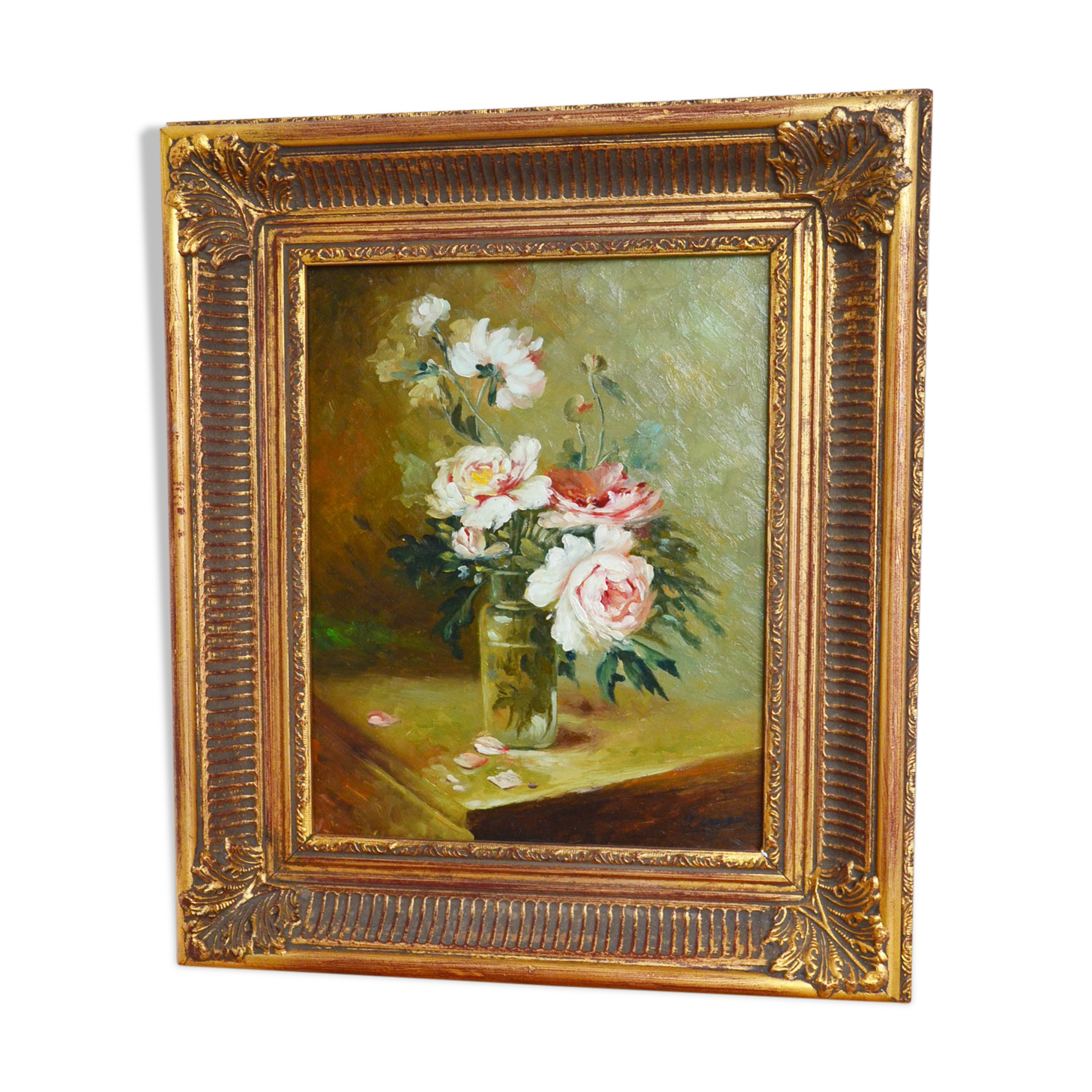 Peinture huile nature morte bouquet de pivoines XIXème