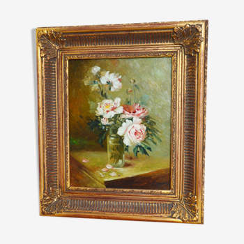Painting still life oil bouquet of peonies 19th