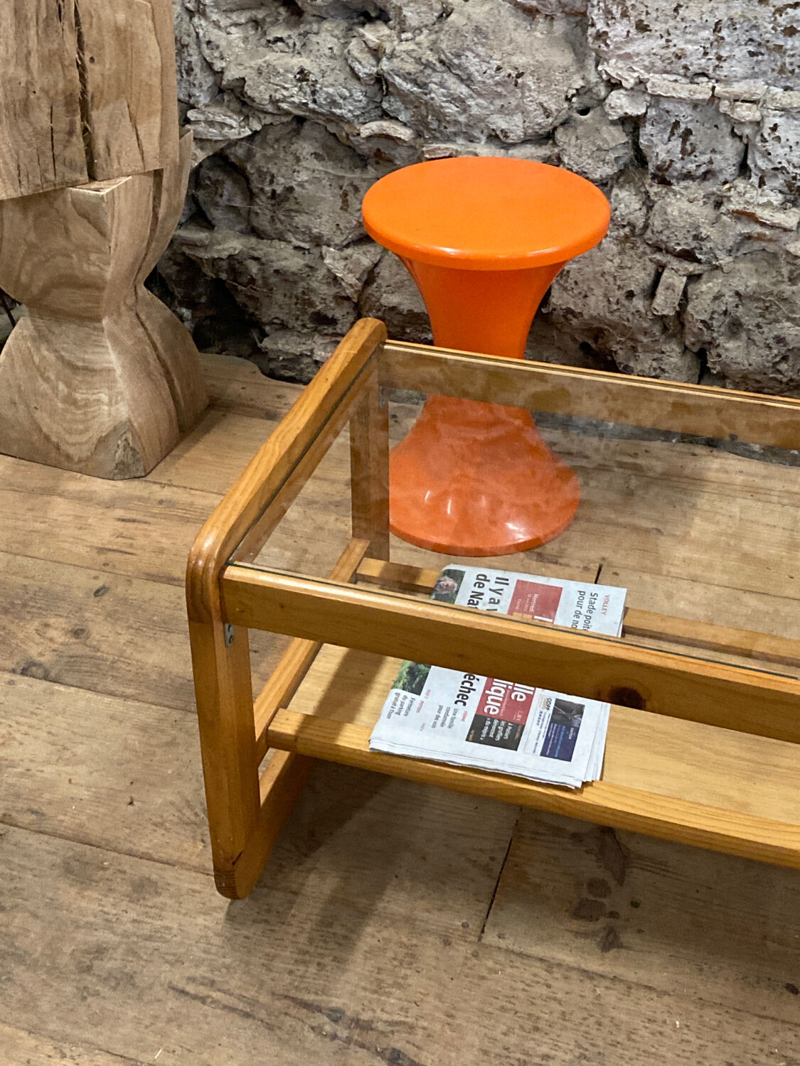 Coffee table in pine and glass Regain 1980