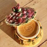 Antique sugar bowl in barbotine from Sarreguemines – Strawberry decoration