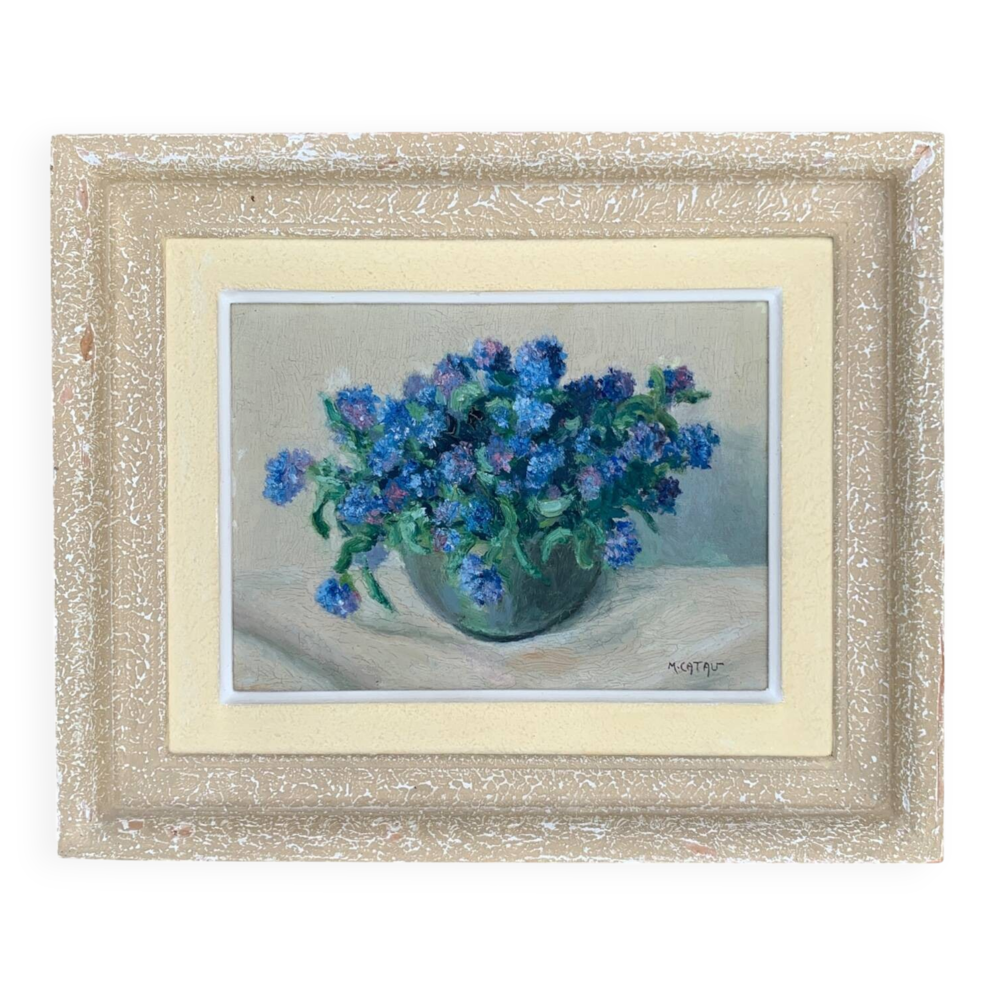 Table Painting on cardboard still life bouquet Maurice Catau Nancy 1954