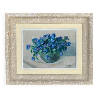 Table Painting on cardboard still life bouquet Maurice Catau Nancy 1954