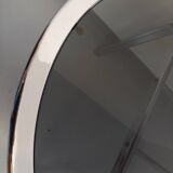 Vintage oval dining table in smoked glass and chrome metal, Space Age style.