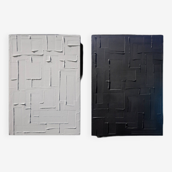 Set of two monochrome black and white abstract paintings