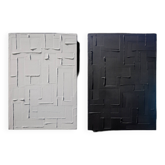 Set of two monochrome black and white abstract paintings