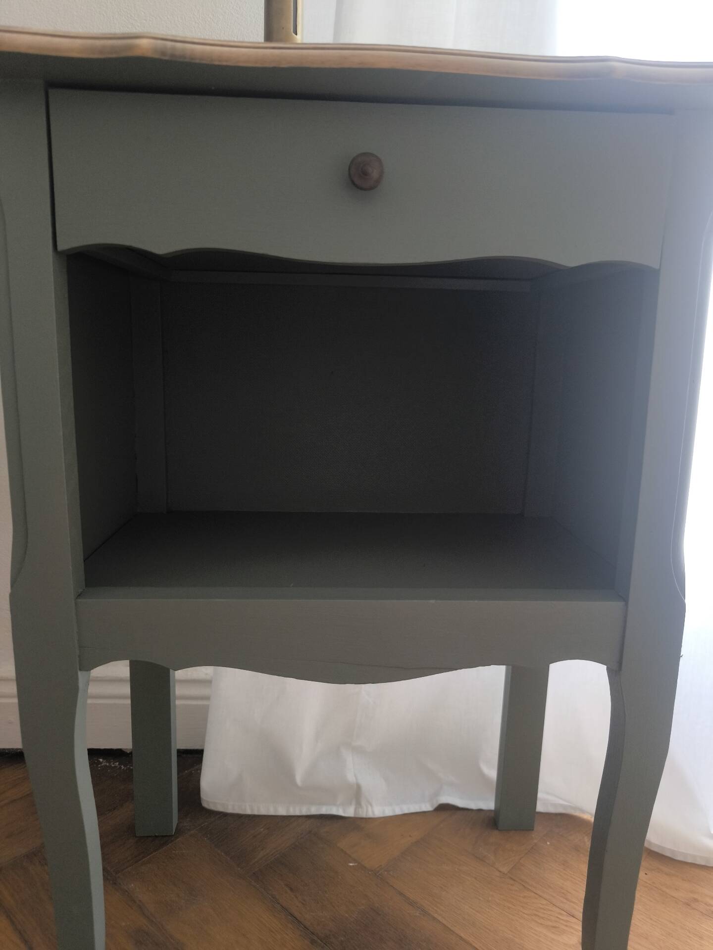 Louis XV bedside table revamped in solid oak and sage green/grey green.