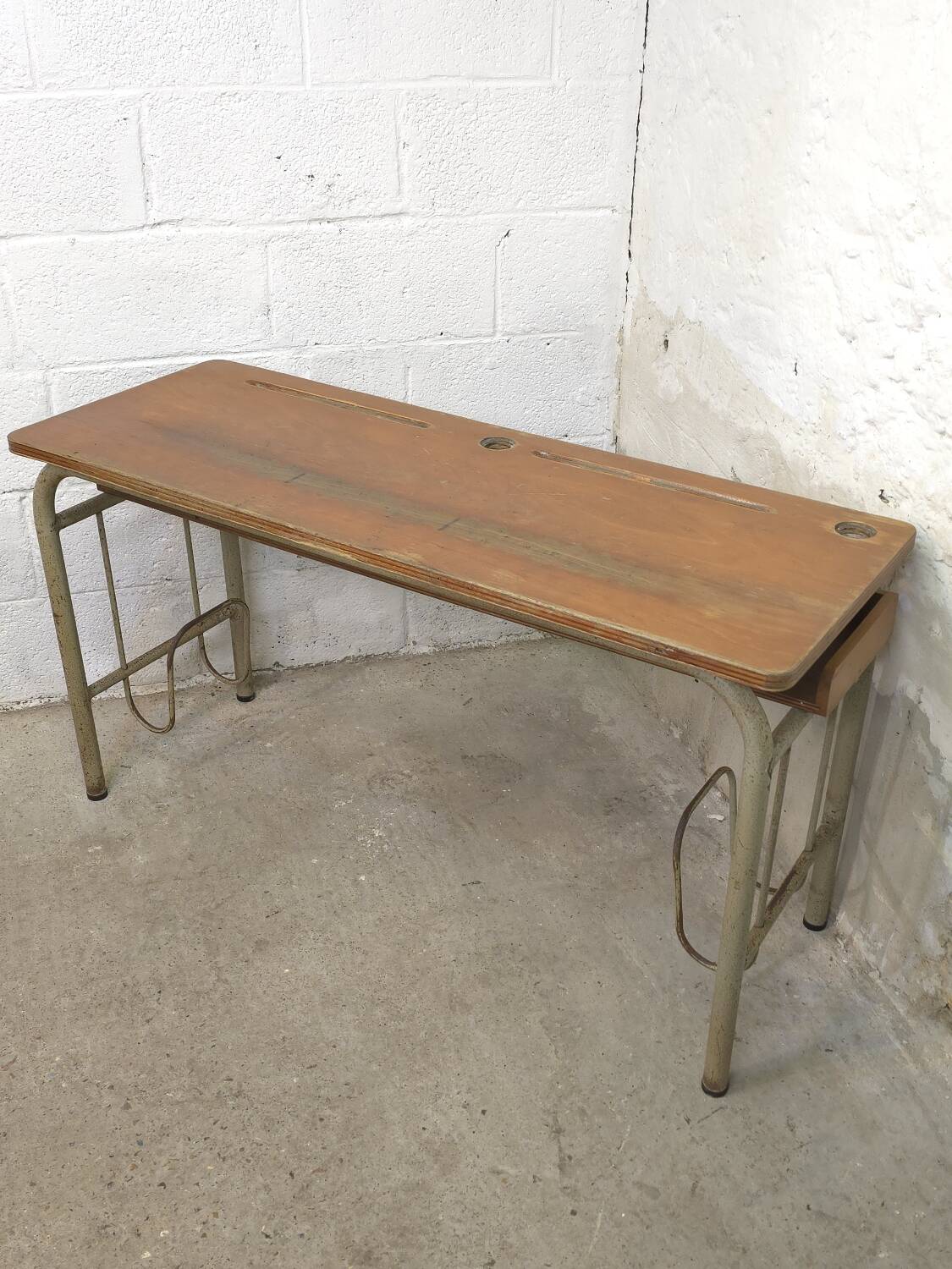 1960s double school desk in oak