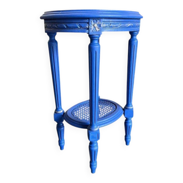 Vintage round blue wooden side table / pedestal / support