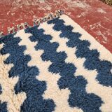 Large striped Berber rug 274x208 cm – Cream & blue wool – Graphic pattern