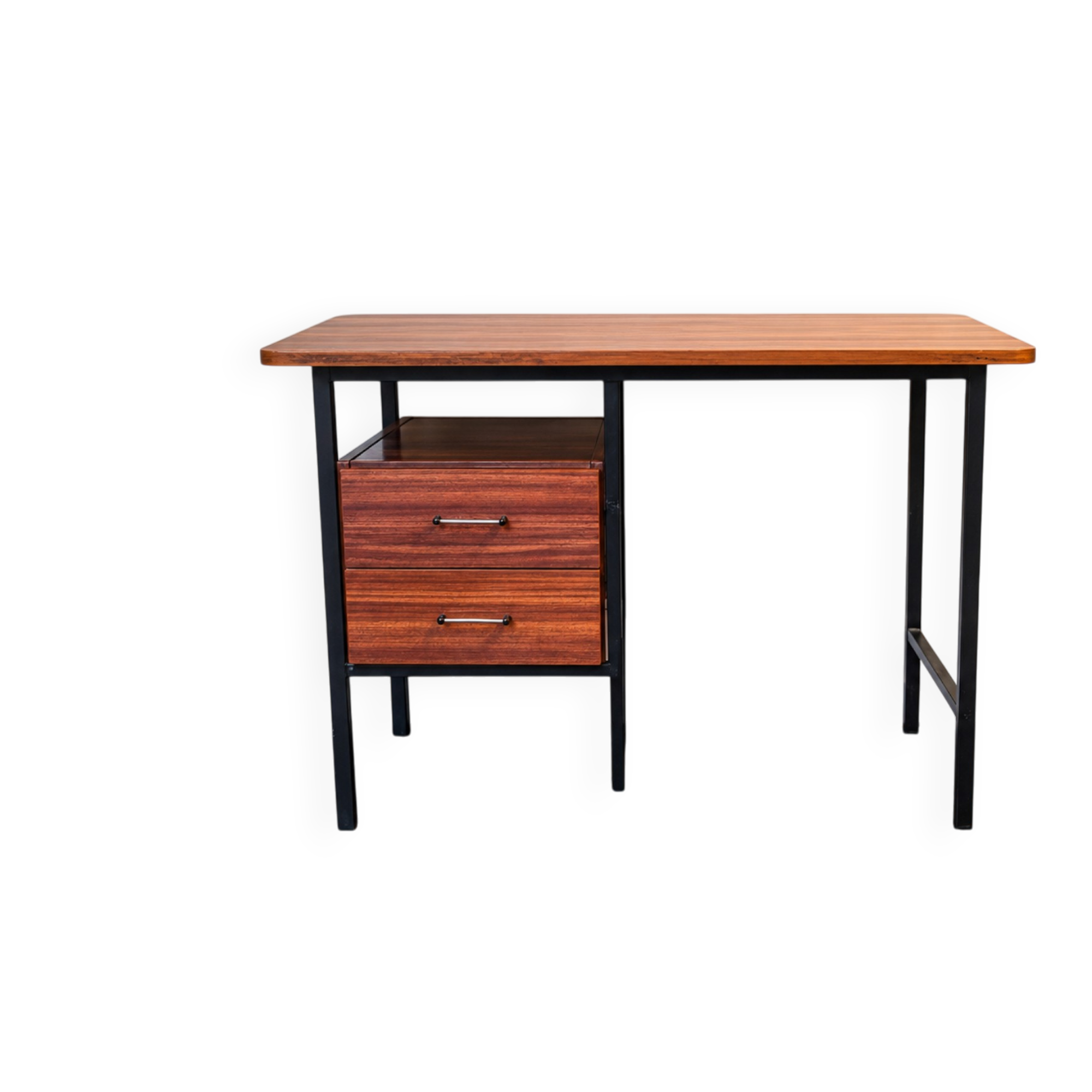Modernist desk from the 50s-60s in wood and metal, reversible drawer unit.