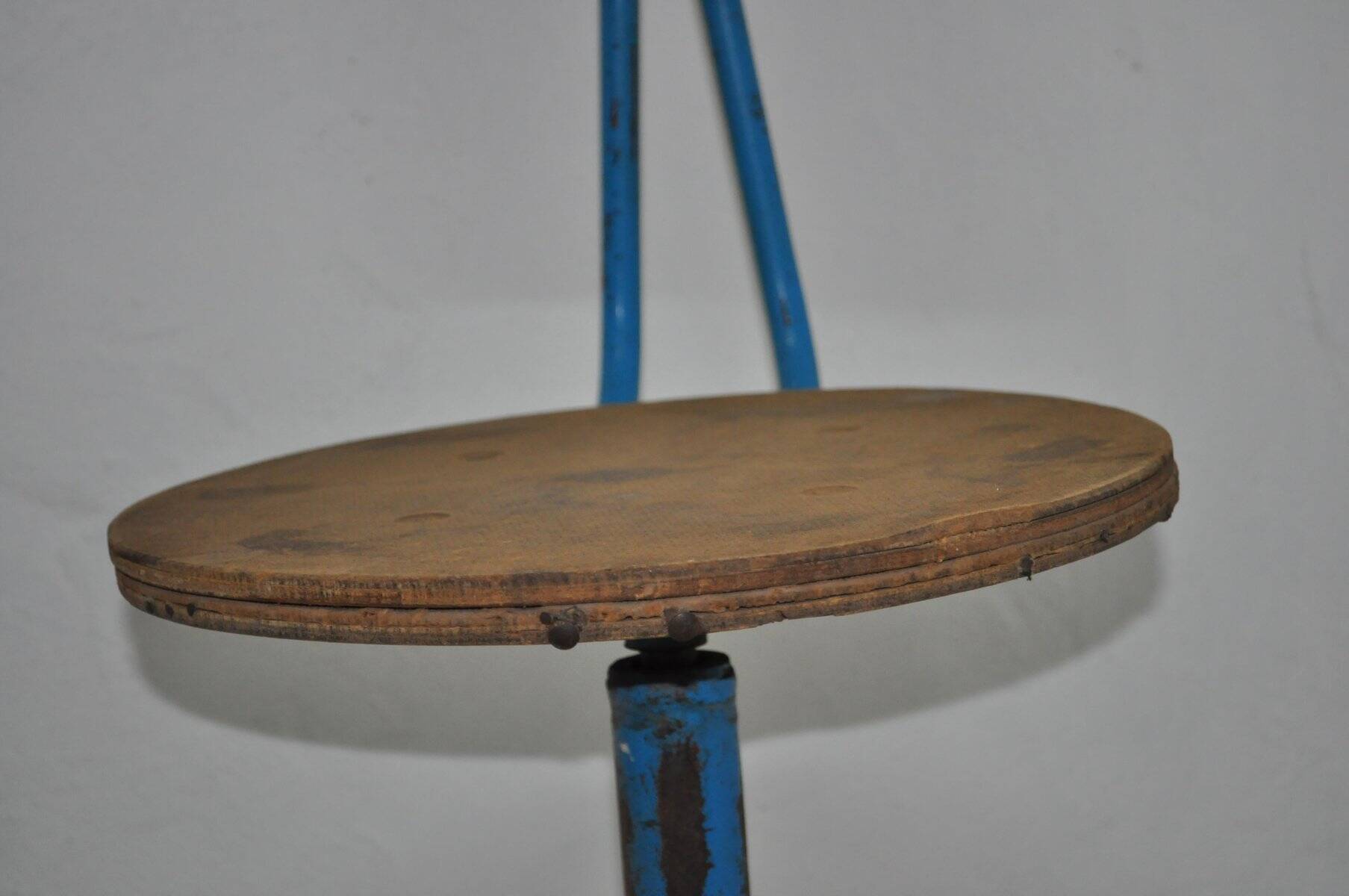 1970s industrial swivel chair in blue and brown - metal, wood and leather