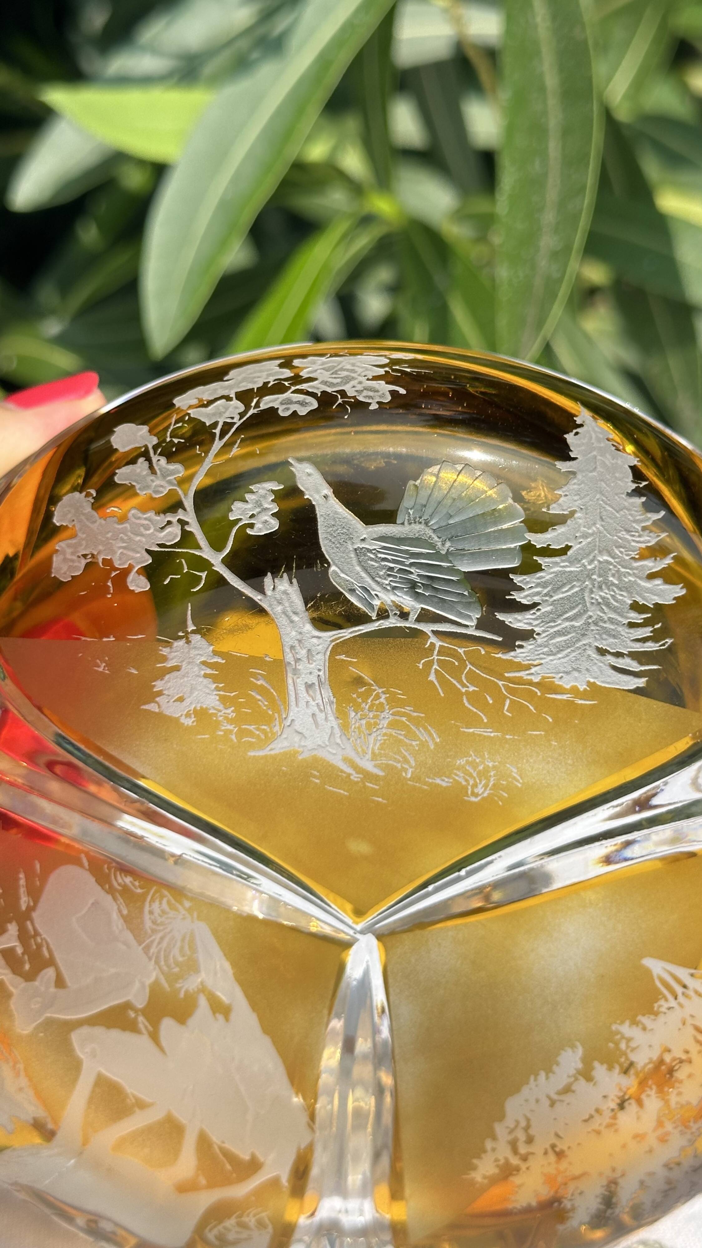 Magnificent Vintage Bohemian Ashtray in Cut Crystal of Yellow Orange