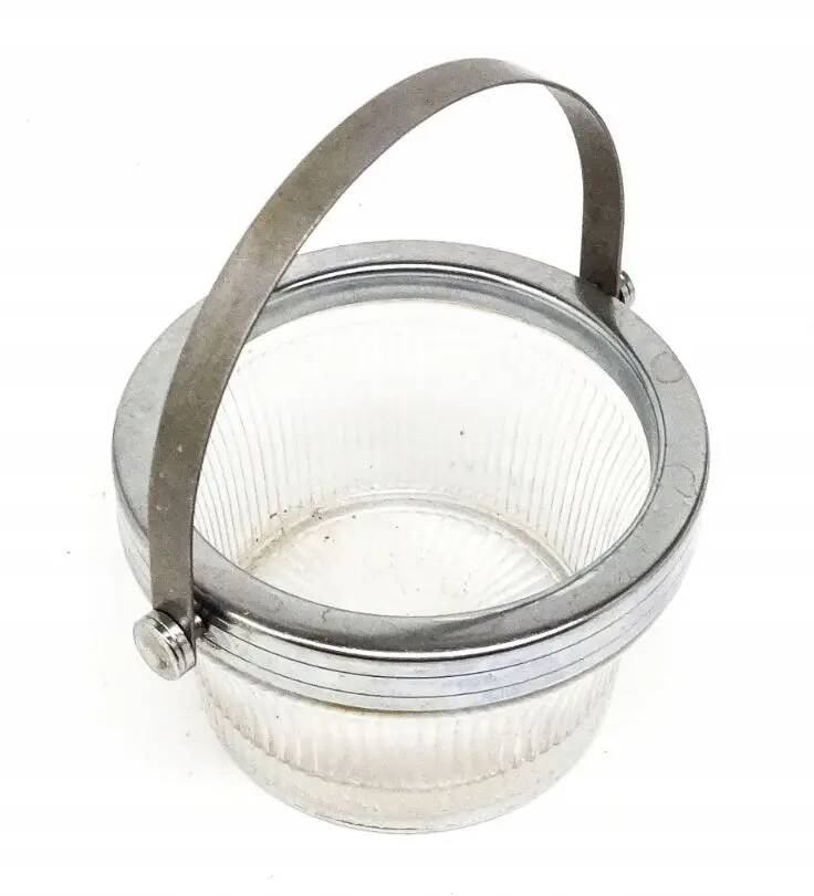 Art Deco sugar bowl, silver-plated brass, pressed glass, Poland, 1950s