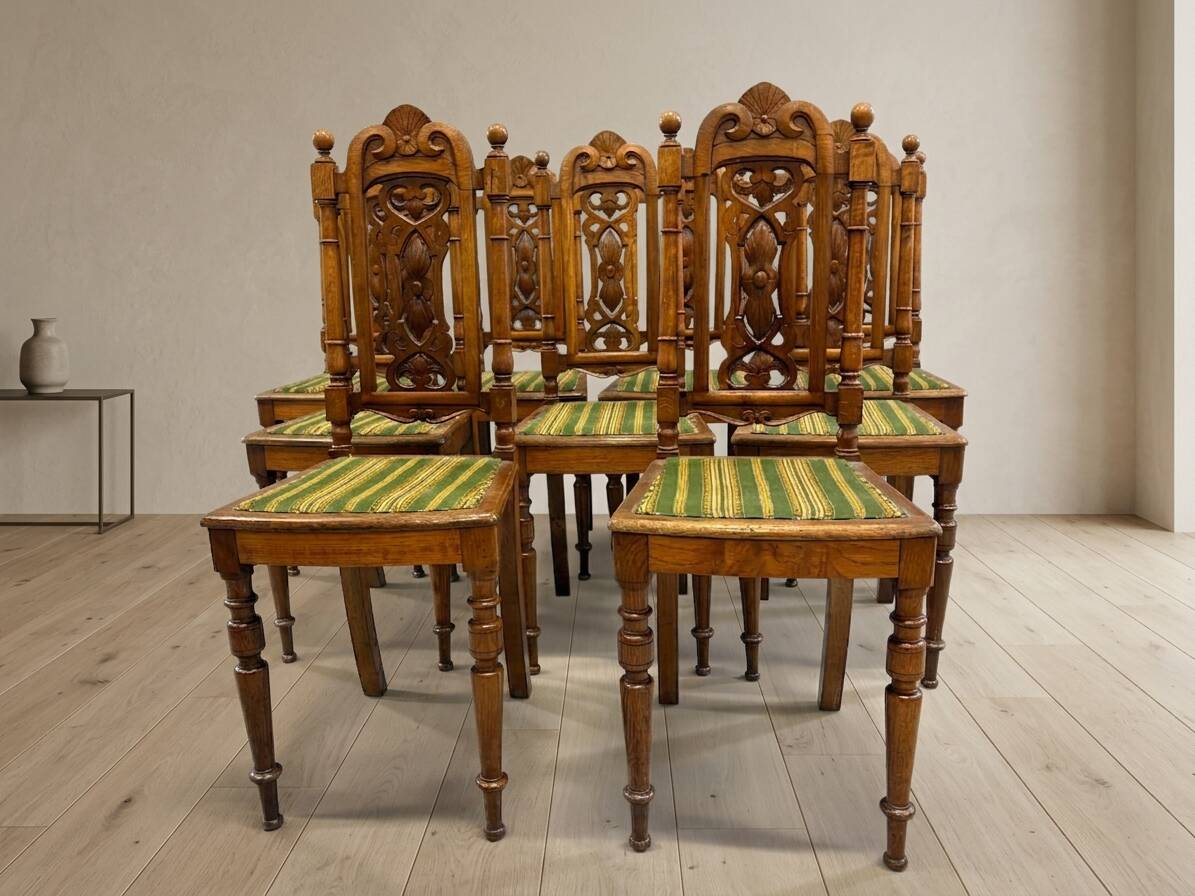 Set of 9 Renaissance Revival dining chairs, carved wood, Czechoslovakia, early 20th century