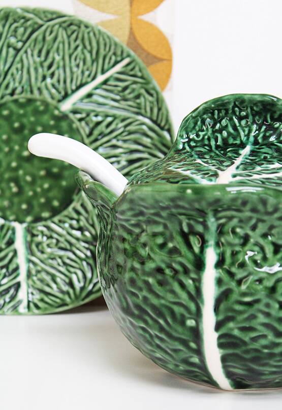 Soup tureen and green cabbage plate