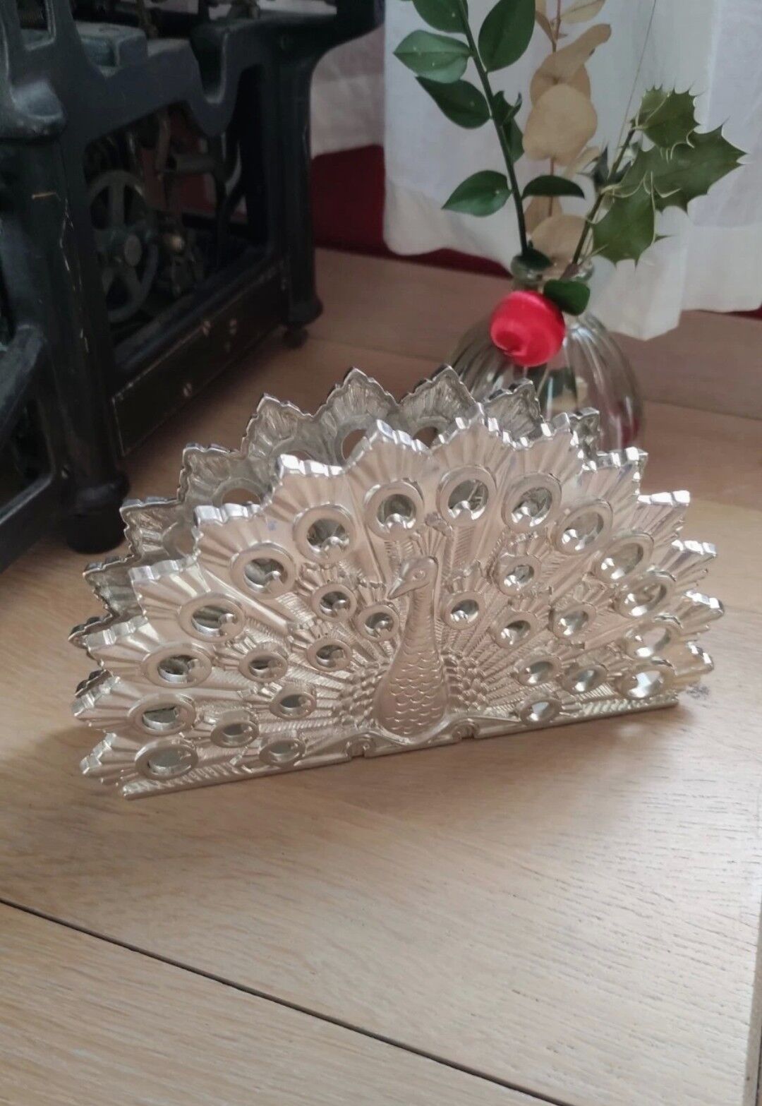 Vintage mail holder in silver metal peacock shape